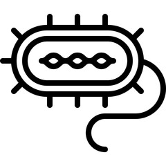 Black and white simple line drawing of a bacterium with flagellum and genetic material on a transparent background
