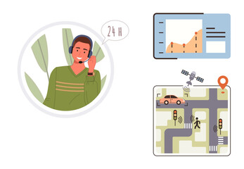 Customer service agent with headset offering 247 support, analytics screen with growth chart, smart traffic management with satellite, vehicle, and pedestrian tracking. Ideal for customer support