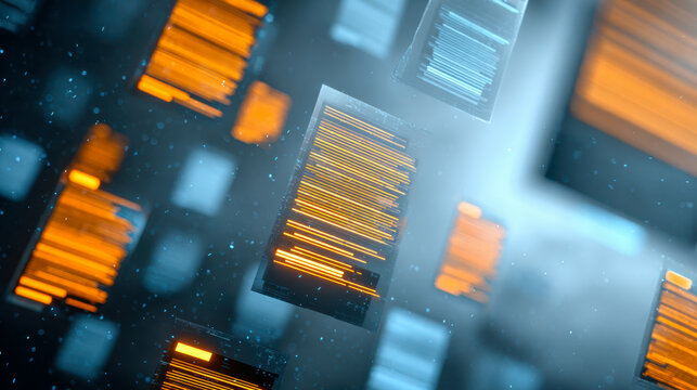 Futuristic digital data streams represented as glowing orange and blue floating rectangular codes in a high-tech abstract environment with depth effects
