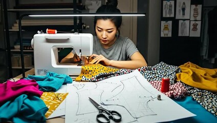 Fashion Designer at Work - Sewing Machine and Creative Process.
