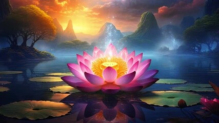 The lotus petals are pink and purple, with golden light shining from the center, reflecting the beauty of the lotus.