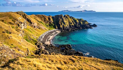 A picturesque coastal view with cliffs, ocean, and distant islands under a blue sky
