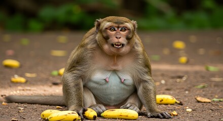 Obraz premium A seated primate stares ahead, surrounded by scattered bananas on a forest floor