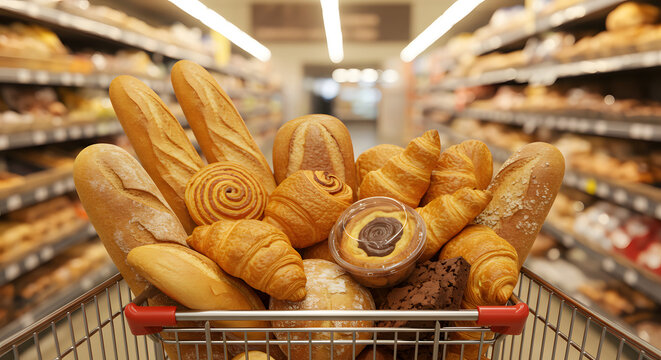A shopping cart filled with a variety of freshly baked breads and pastries in a supermarket aisle with blurred background