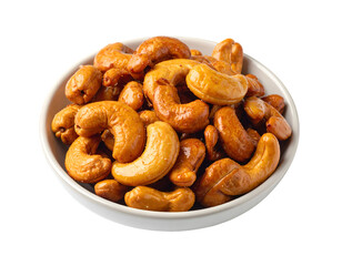 Naklejka premium Heap of caramelized cashew nuts in bowl on transparent png