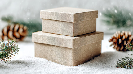 Two textured beige gift boxes stacked on artificial snow with pine cones and evergreen branches creating a festive winter holiday scene