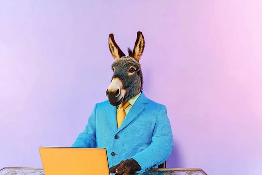 A donkey in a suit at a laptop, work desk. Office setting. On a simple bright background. High detail. Space for text