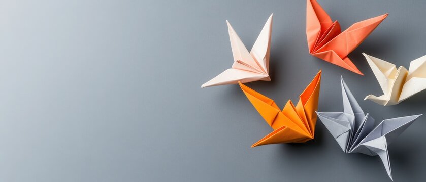 Multiple folded paper birds in various bright colors arranged on a flat gray surface, symbolizing imaginative concepts and new beginnings.