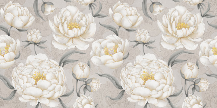 Fresco. Mural. Watercolor drawing of piones flowers. Wallpaper, tiles with a pattern of white flowers on cement background. Image for photo wallpapers.
