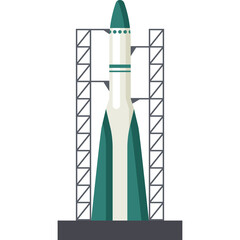 Tall White and Teal Rocket Ship Vertical Launch Tower Structure Gray Base Against White Background