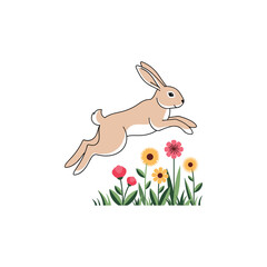 Charming bunny rabbit leaping joyfully over a field of colorful spring wildflowers vector