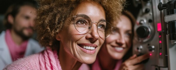 Smiling woman undergoing an advanced eye examination with a modern device