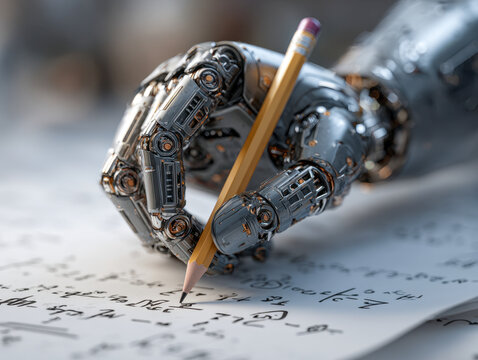 Detailed robotic hand gripping a yellow pencil while writing complex equations on paper, symbolizing the fusion of technology and intellectual creativity in education and
