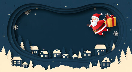 Santa Claus flying over snowy village, delivering holiday cheer and presents to happy homes this Christmas season, festive winter wonderland scene