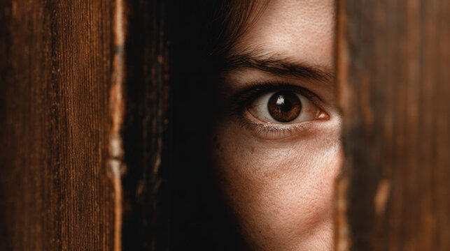 An image depicting darkness danger mental illness and fear closeup of an door open enough for a person hidden behind it to peek out frightened copy space negative space terror trauma paranoia PTSD