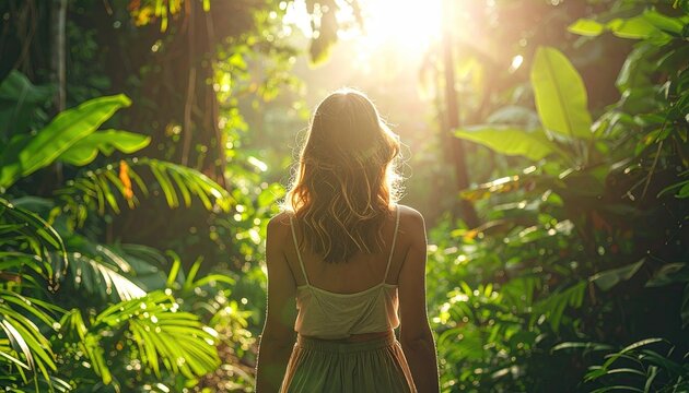 Woman Walking Into A Lush Tropical Forest With Golden Sunlight Streaming Through Dense Green Foliage Creating A Magical Atmosphere