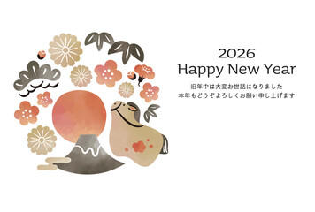 2026年午年年賀状　水彩風　馬と富士山と松竹梅