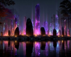 Fototapeta premium Mystical stone circle surrounded by floating runes and pillars of colored light