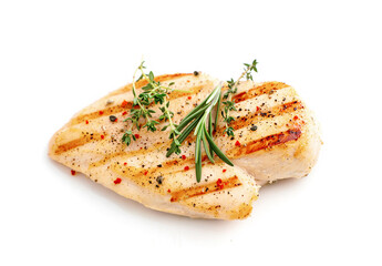 Chicken breast, fried meat, with spices isolated on white background.