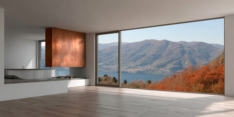 Fototapeta premium Modern interior design featuring a stunning lake view with mountains in the background