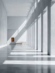 Obraz premium Bright, minimalist interior of a modern space featuring natural light patterns and clean lines in the architecture
