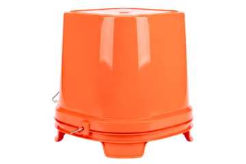 Inverted orange plastic bucket with a metal handle for cleaning on a transparent background