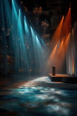 Illuminated stage with podium under colorful spotlights in an elegant hall
