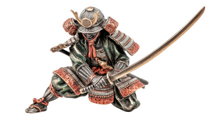 Obraz premium Decorative miniature samurai figurine with katana, Transparent background, PNG file
