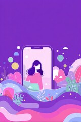 Abstract illustration with a phone and vibrant colorful elements on purple background
