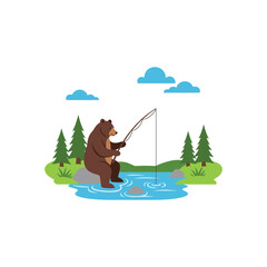 Cute cartoon bear fishing happily in a river with trees and clouds wildlife scene vector