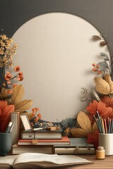 Artistic workspace with floral accents and a blank circle focal point
