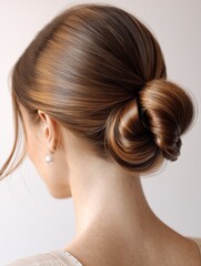 Naklejka premium A woman's elegant low bun with smooth brown hair, showing a sophisticated and polished appearance.
