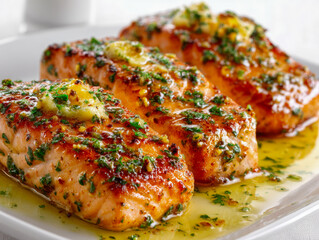 Three perfectly cooked salmon fillets topped with melted herb butter and fresh parsley served on a white plate with flavorful garlic sauce
