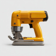 Fototapeta premium Yellow jigsaw power tool, handheld electric saw, metal base, isolated on white background