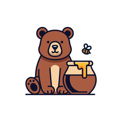 Cute cartoon bear sits beside honey pot with bee illustration adorable wildlife scene vector