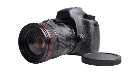 DSLR camera with lens cap on, Transparent background, PNG file