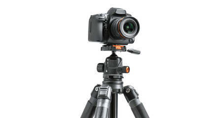 DSLR camera on tripod setup isolated