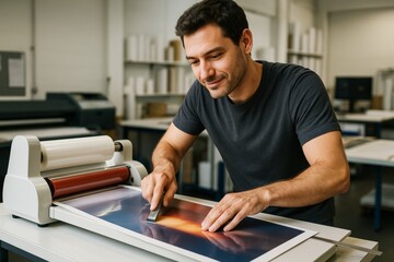 Man laminating a photo print using a laminator machine in a bright modern studio with creative work background and focused expression. Ai generative