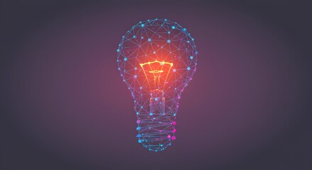 A digital lightbulb, formed of connected points, glowing orange inside. Dark purple background