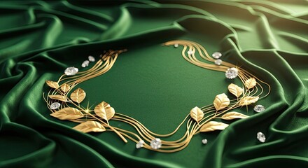 Elegant gold wreath with diamonds on luxurious green satin fabric luxurious premium beautiful background