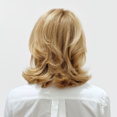 Fototapeta premium Back view of an individual with blonde wavy hair dressed in a white shirt, showcasing a stylish hairstyle.