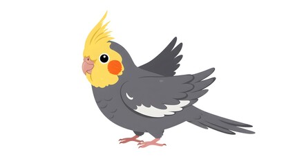 Obraz premium A cute, animated cockatiel bird with gray, yellow, and orange coloring, depicted with an outstretched wing