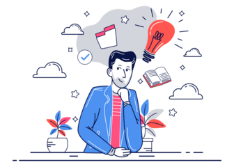 Young Man Contemplating Ideas with Glowing Lightbulb and Calendar Overhead in Simple Flat Illustration Style