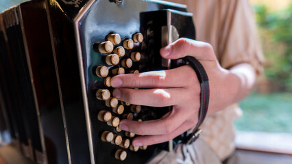 Musician fingers playing an bandoneon in a cozy indoor setting during a musical gathering