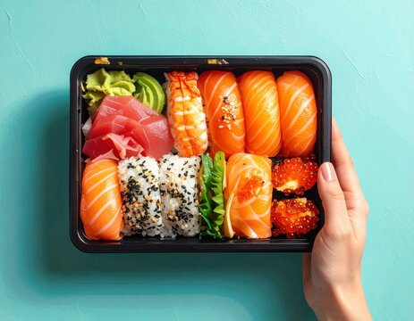 Hand holding takeout sushi box with assorted nigiri, rolls, salmon, tuna, and roe against turquoise background