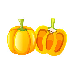 Yellow Bell Pepper Whole and Halved With Vibrant Orange Interior Isolated on Transparent Background Studio Lighting With Glossy Texture