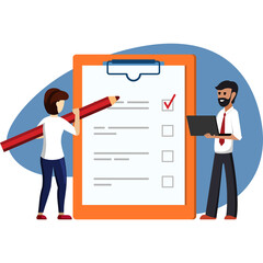 Two Professionals Reviewing Checklist on Clipboard with Pencil and Laptop During Meeting