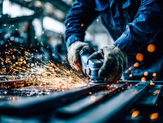 Trade professional cutting metal with a grinder in an industrial workshop