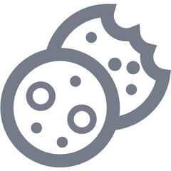 Two round chocolate chip cookies one partially eaten isolated on a transparent background a simple food icon representing a baked snack