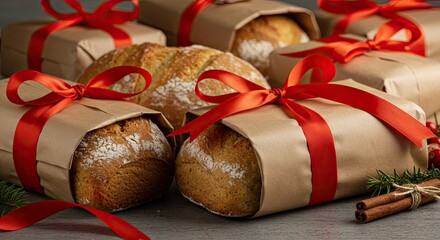 Artisan breads beautifully wrapped with festive red ribbon and pine sprigs evoke warmth and holiday cheer, perfect for gourmet gifting and seasonal promotions.